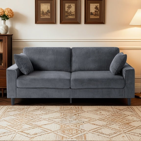 Arouseden 82" Small Apartment Couch with 2 Back Cushion and 2 Throw Pillows,Gray Corduroy Loveseat Sofa,Modern Loveseat Sofa with Square Armrests for Living Room