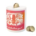 thumbnail image 3 of 50th Birthday Piggy Bank, Vibrant Backdrop Font Floral Swirls and Stars Art Print, Ceramic Coin Bank Money Box for Cash Saving, 3.6" X 3.2", Pink Orange White, by Ambesonne, 3 of 4