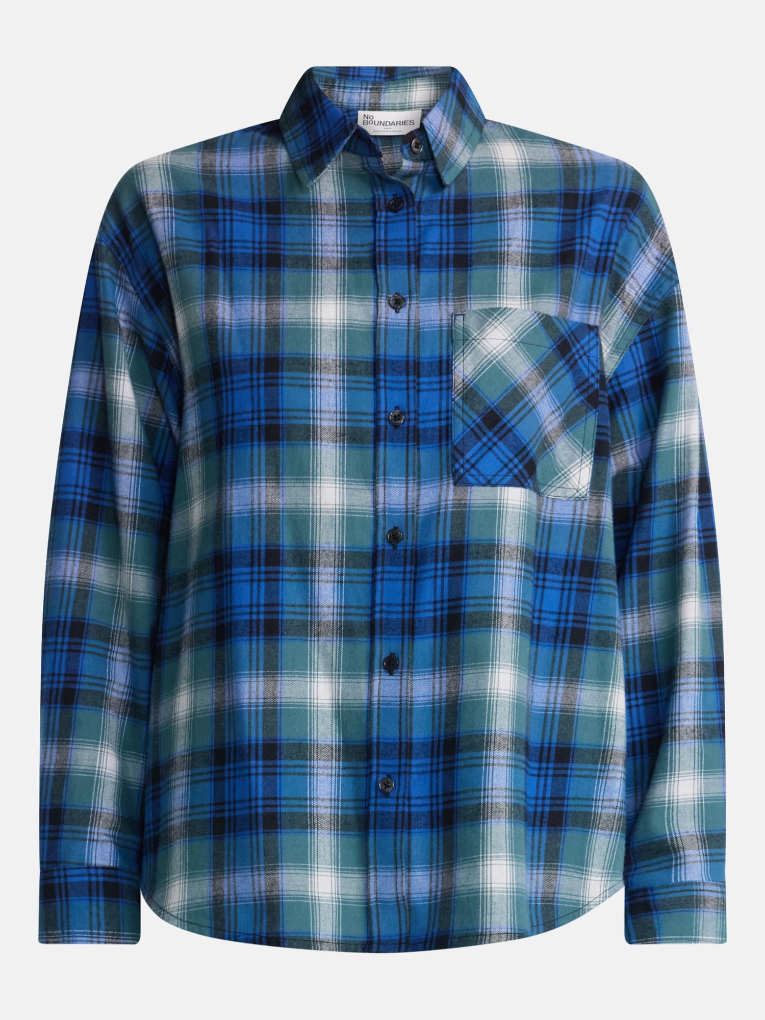 No Boundaries Plaid Flannel Shirt with Long Sleeves, Women's XXS-XXL