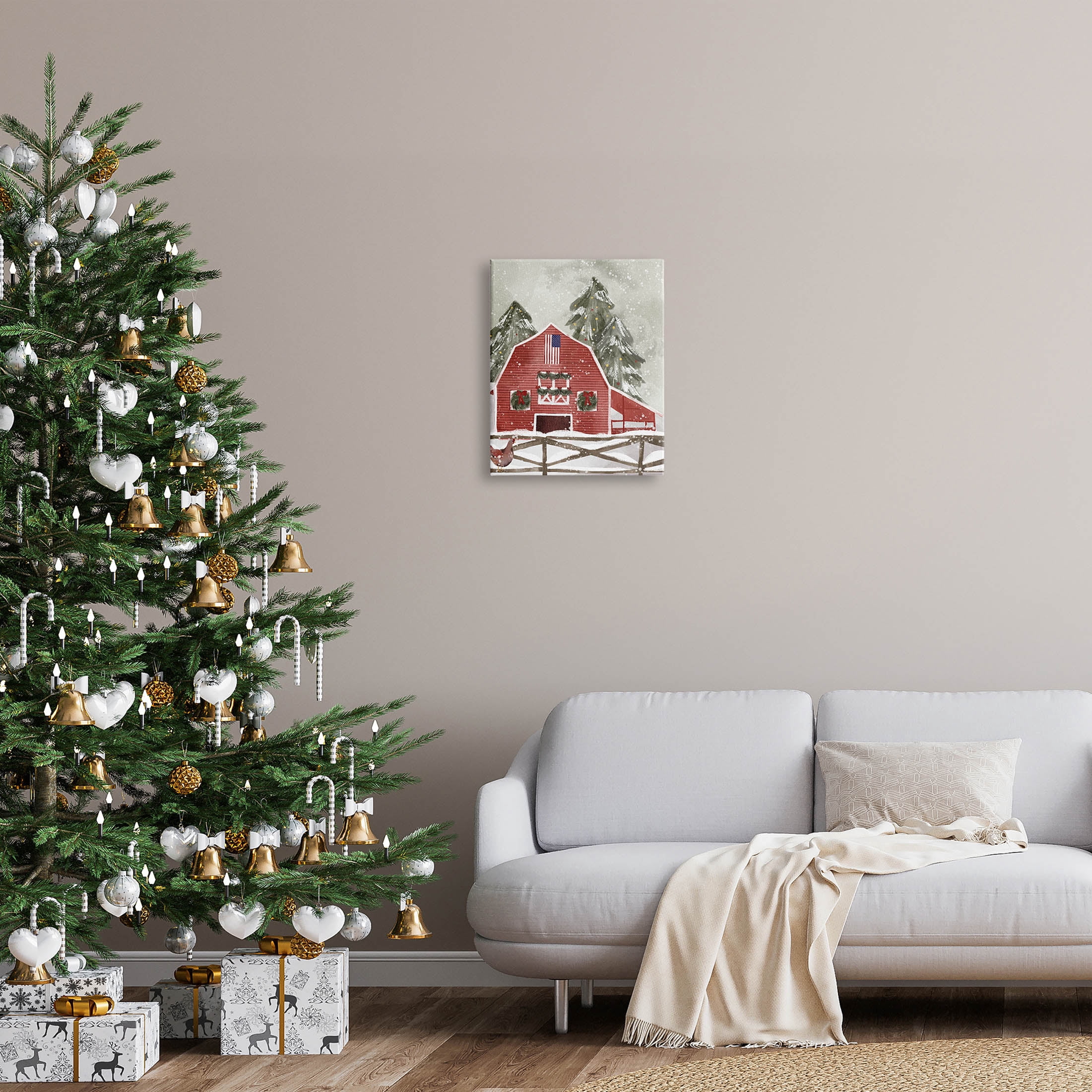 Stupell Industries Americana Barn Holiday Snow Scene Graphic Art Gallery Wrapped Canvas Print Wall Art, Design by Laura Konyndyk