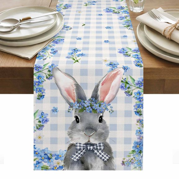 Easter Rabbit Table Runner - 70 Inch Long, Kitchen Dining Table Runner Dresser Scarves, Spring Cute Bunny Blue Flowers Buffalo Plaid Farmhouse Decor for Coffee Tables Wedding Party Banquet