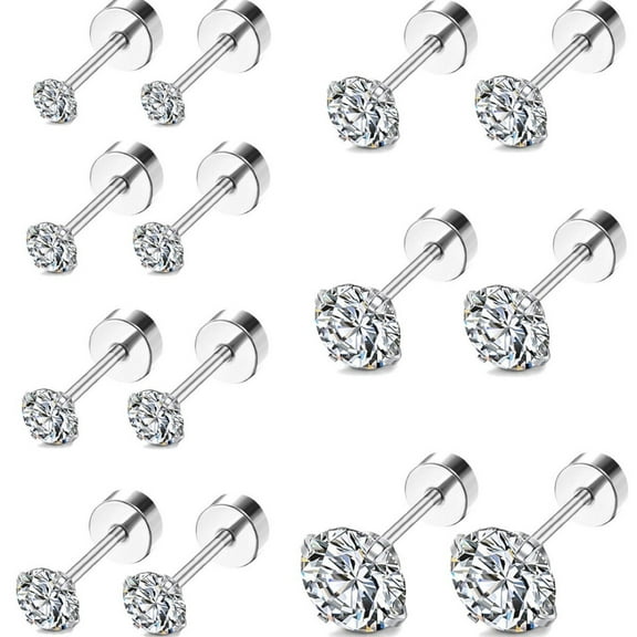 Cterwk 7 Pairs Flat Back Stud Earrings 316L Stainless Steel Cubic Zirconia Earrings Stud for Women Men, Silver