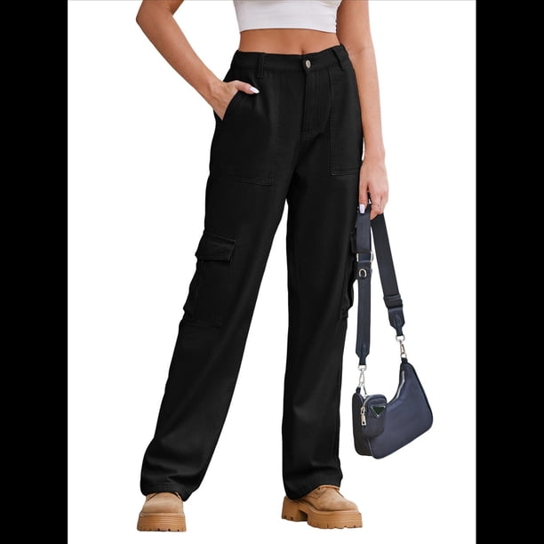 Pantalones Cargo de Cintura Alta para Mujer, Pantalones Casuales de Pierna con 6 Bolsillos. Negro M
