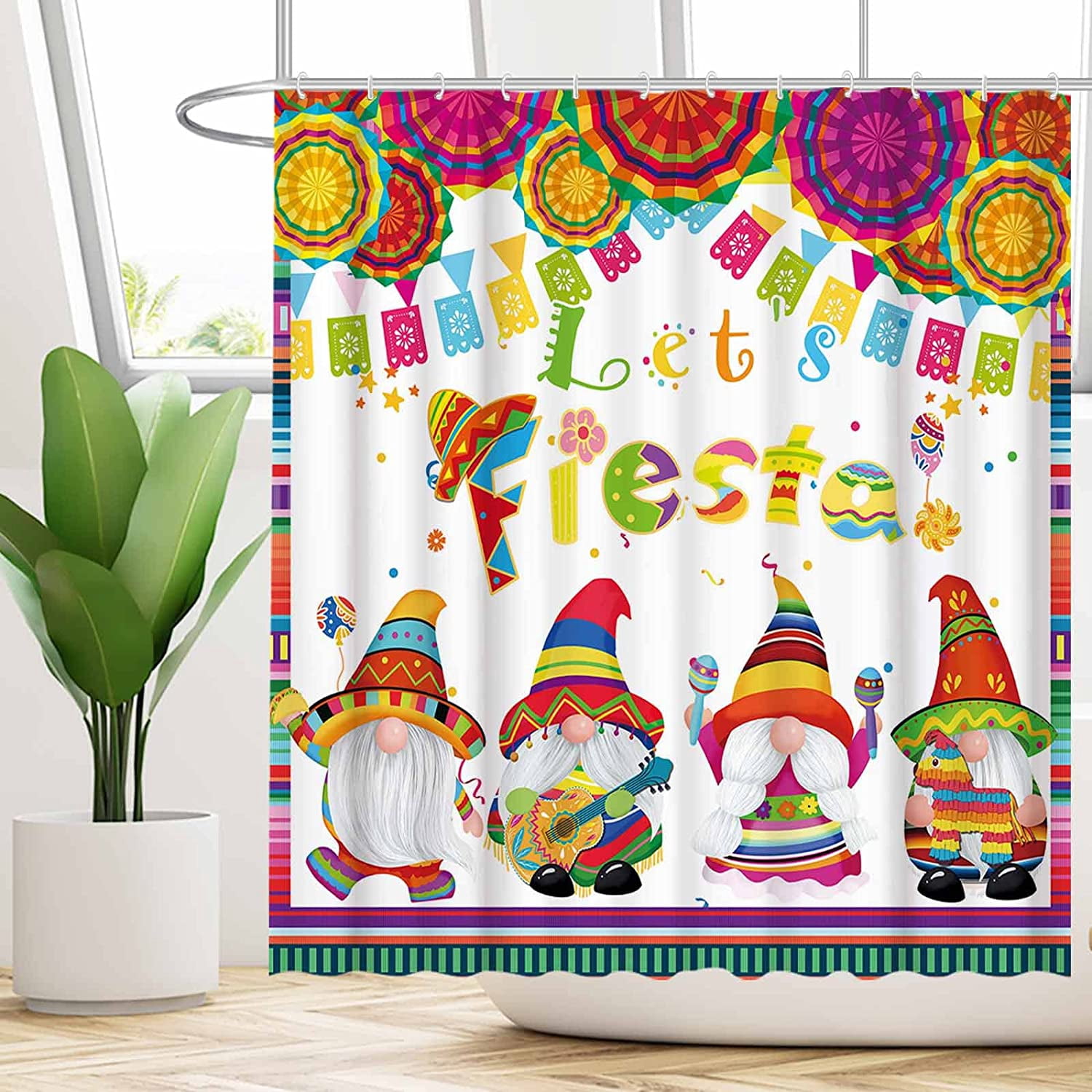 72" x 72" Let's Fiesta Gnomes Baby Shower Curtain Set with Hooks Cinco De Mayo Bright Bathroom Decorations Bathtubs Decor Easy Care Washable Waterproof Polyester Fabric