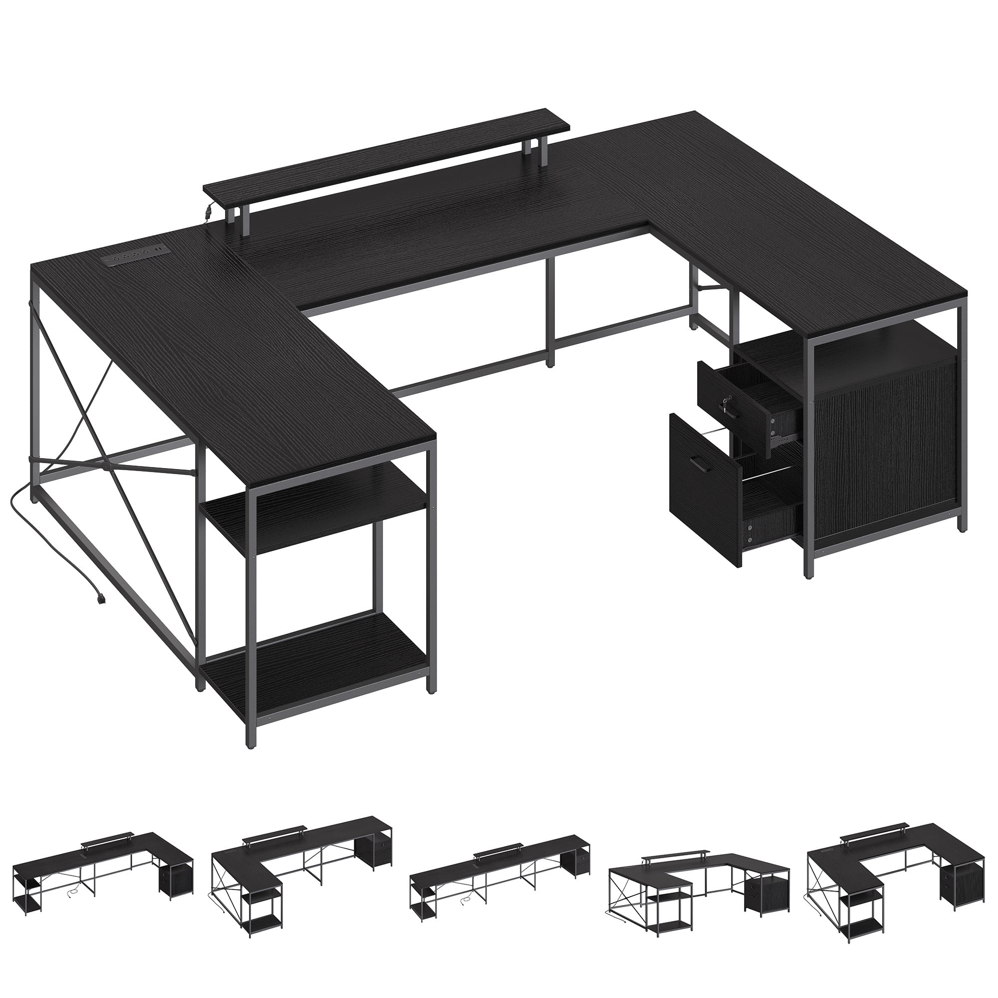 Dextrus L Shaped Desk with Power Outlets & LED Lights, Reversible Computer Desk with Drawers & Storage Shelves, Large U Shaped Desk, Black