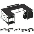 thumbnail image 2 of Dextrus L Shaped Desk with Power Outlets & LED Lights, Reversible Computer Desk with Drawers & Storage Shelves, Large U Shaped Desk, Black, 2 of 12