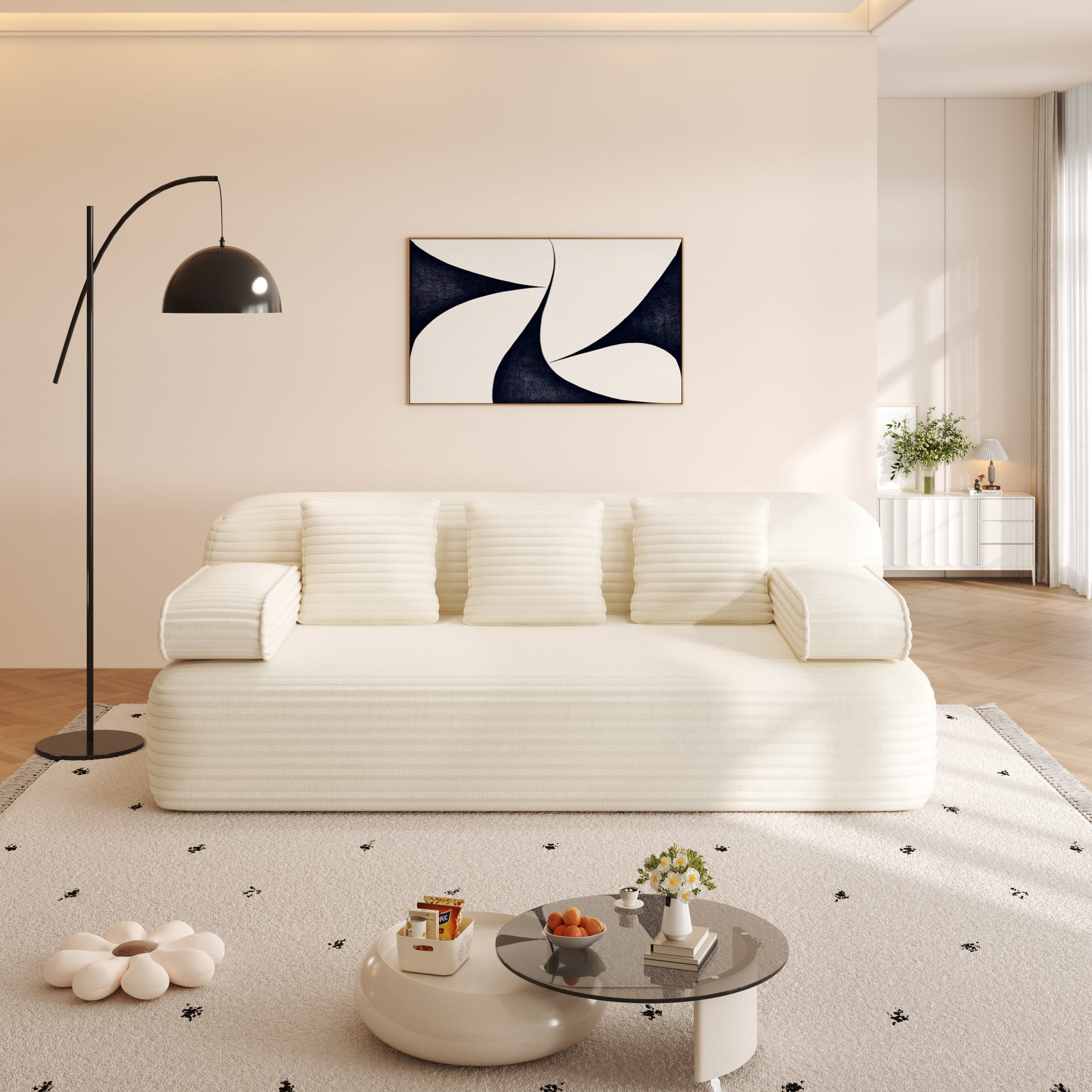 Leumius 78.7" Convertible Sofa Bed with 3 Pillows,Folding Boneless Couches with Deep Seats and Armrest,Plush Corduroy Fabric Futon Sofa Bed for Small Spaces, Apartments and Bedrooms,Beige