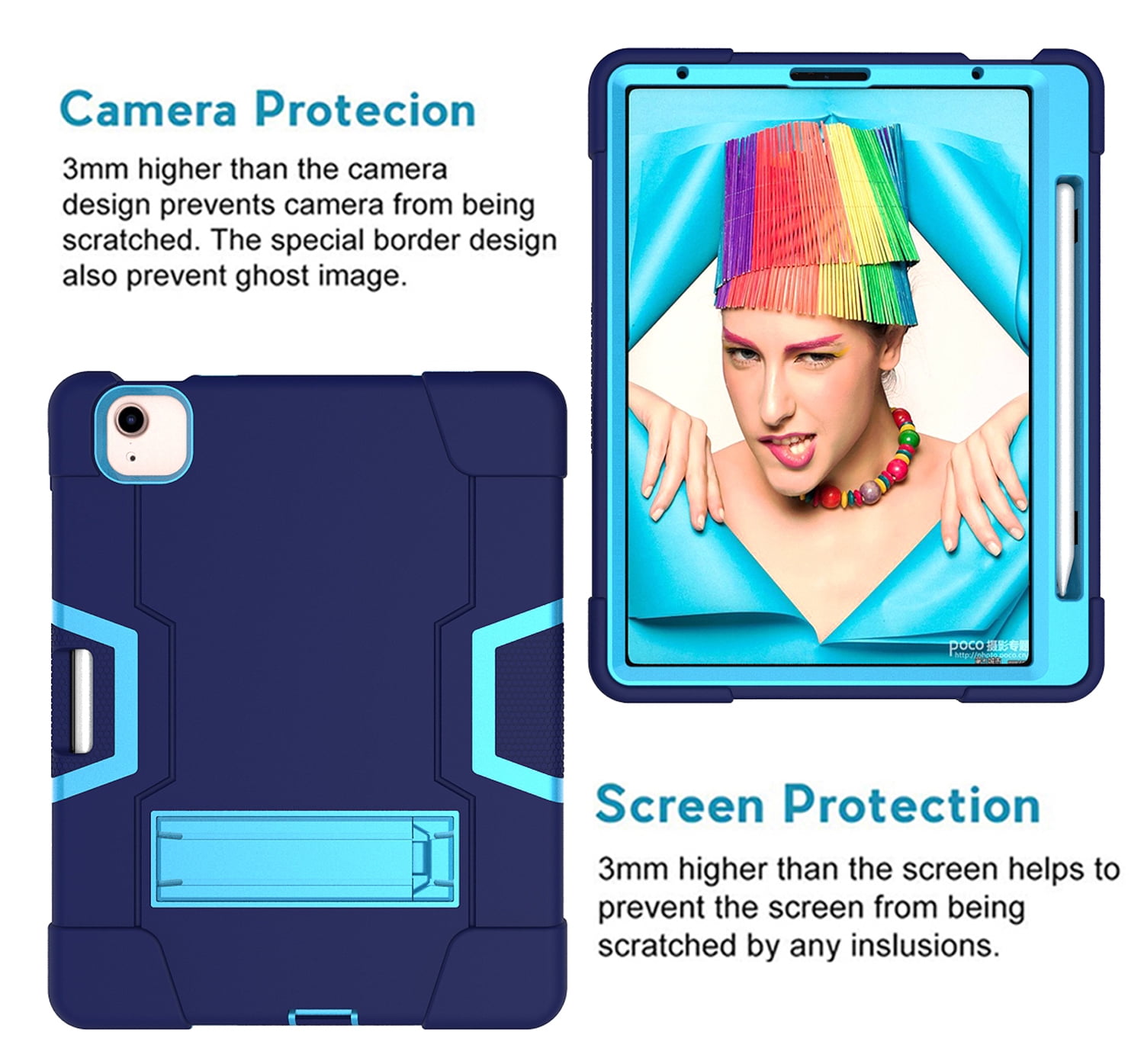 Allytech iPad Air 5 Case 2022, iPad Air 4 Case 2020, Heavy Duty Protection Shockproof Build In Kickstand Pencil Holder Kids Friendly Case for Apple iPad Air 5th 4th Generation, BlackNavyblue/Blue
