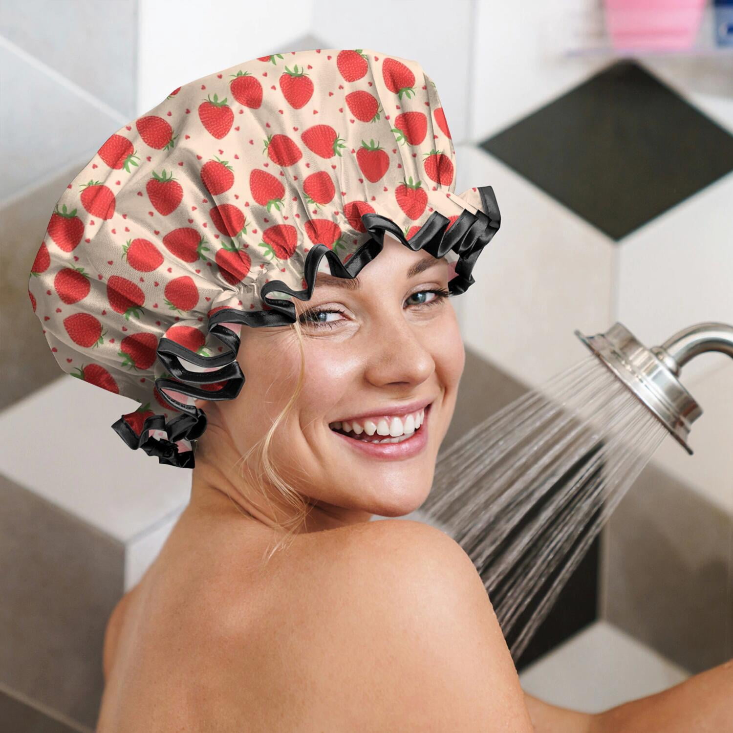 Shower Caps,Strawberry Plants Fruit Heart Waterproof Shower Cap for Women 4 Pieces,Double Reusable Hair Cover for Shower PEVA Elastic Stretch Hem