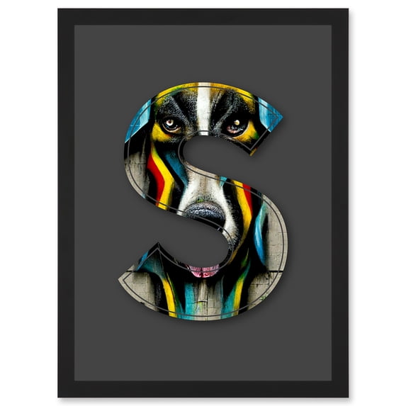 Letter S Stripe Dog Face Multicoloured Decorative Graffiti Mural Alphabet Initial Stencil Artwork Framed Wall Art Print A4