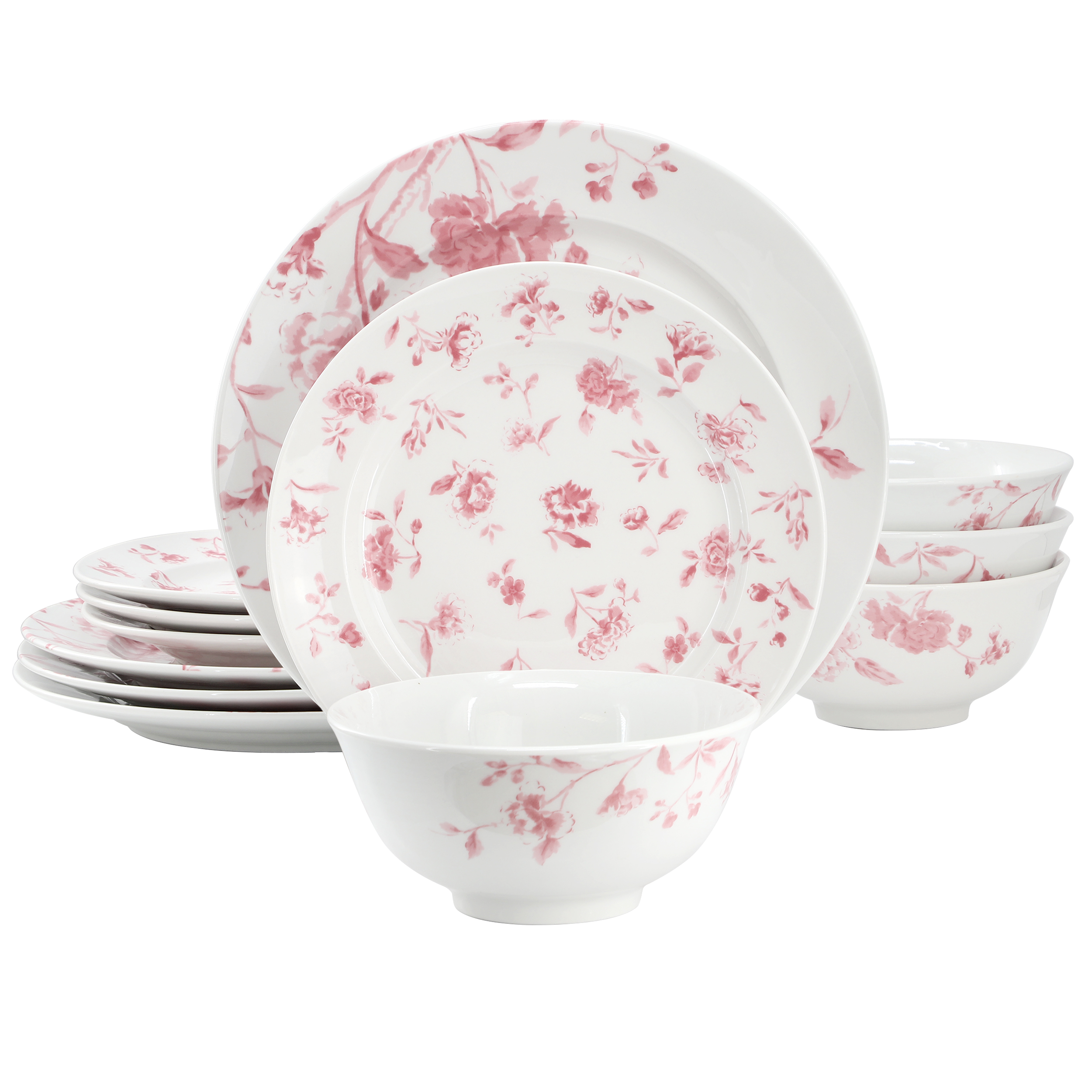 Martha Stewart Everyday Empress Bouquet 12 Piece Round Porcelain Dinnerware Set in Pink