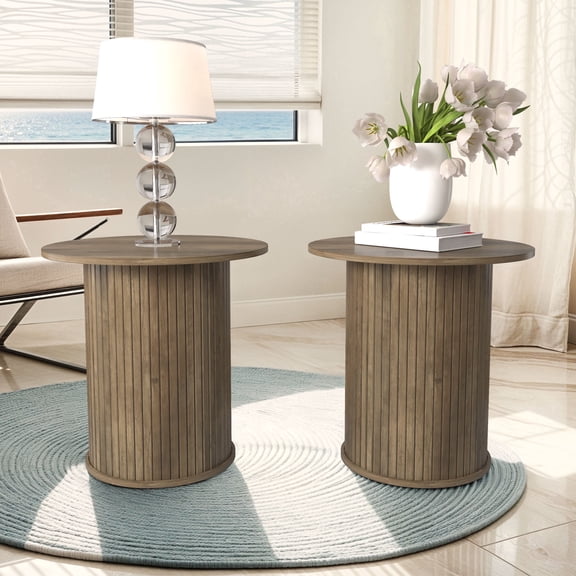 STYLIVIA Round Small End Table Set of 2 with Fluted Pedestal Design, Knotty Oak, 21.7" W x 21.7" D x 21.9" H