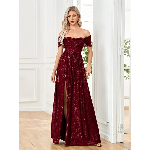 Robe de Mariage Robes d'Invité de Mariage pour Femmes Carte Populaire Épaule Col Droit Robe Fendue en Ligne Robe de Dîner Longue Robe Femmes Perles