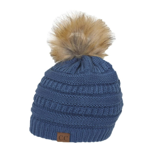 Gravity Threads Cable Knit Faux Fur Pom Pom Beanie Hat, Dark Denim