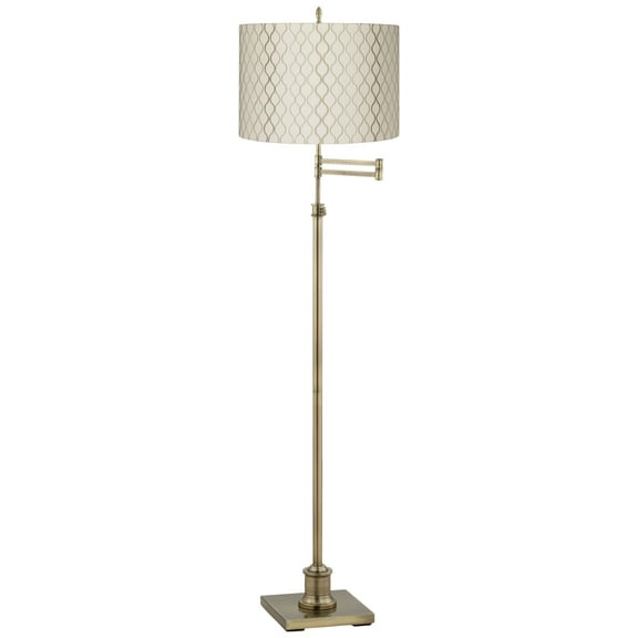 360 Lighting Swing Arm Floor Lamp Adjustable Height 70" Tall Antique Brass Off White Embroidered Hourglass Fabric Drum Shade Living Room