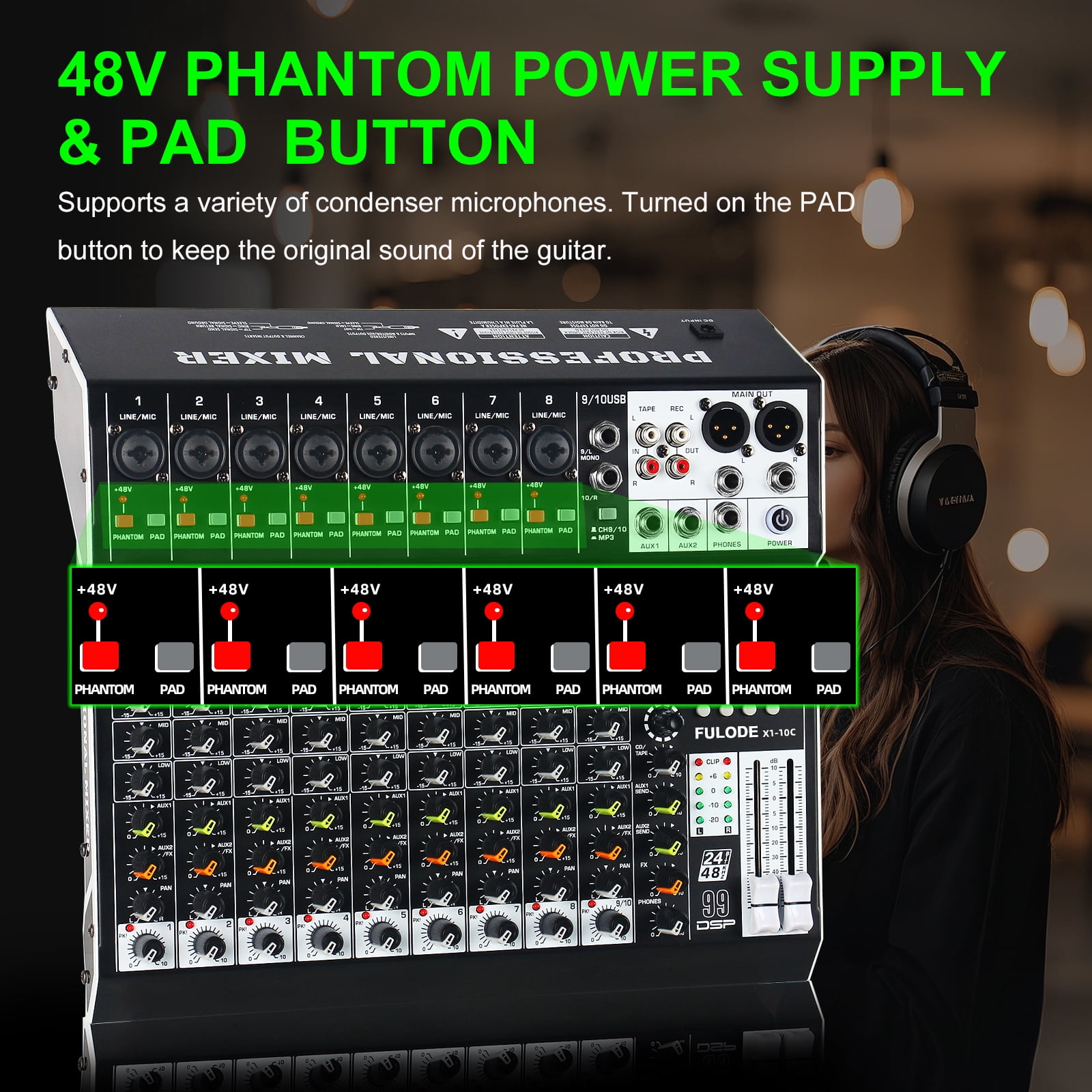 Audio Mixer 10 Channel Professional Sound Mixer Console with 99 DSP Effects, Mixing Board DJ Mixer w/USB, Bluetooth, 48V Power Supply, PAD Button for Recording Karaoke PA Drum Live Music