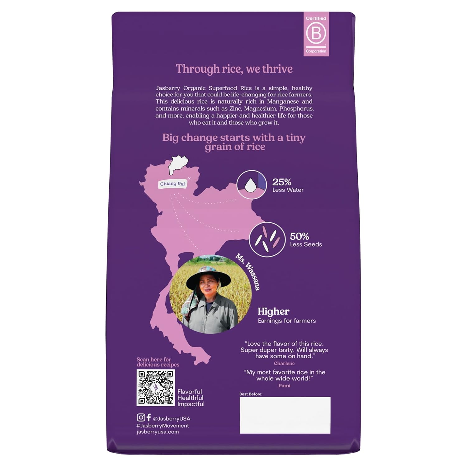 Jasberry - Organic Superfood Rice, Soft & Aromatic Whole Grain Purple Rice, 15 oz, 3 Pack