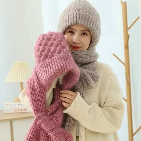 Skymirror Women Winter Hat with Integrated Scarf Thick Warm Knitted Windproof High Elasticity Full Protection Outdoor Travel Cold Weather Cap