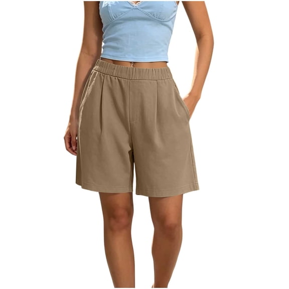 Vivianyo HD Women's Elastic Waist Pleated Knee Length Shorts, Straight Leg Solid Casual Mid Short Bottoms for Women, Women's Khaki, Sizes S-2XL