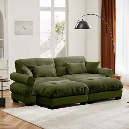 Over Size Modern Two-seater Sofa with Ottoman | Soft Velvet & Cloud-like Cushions