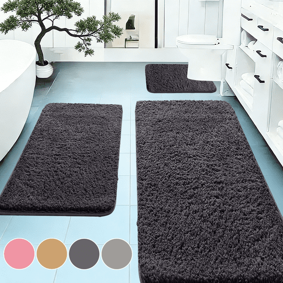 CuiLiyq 3 Piece Bathroom Rugs Set, Soft Absorbent Bath Mats, Non-Slip Washable Bath Rugs for Bedroom, Living Room, Sink, Toilet and Floor (Black)