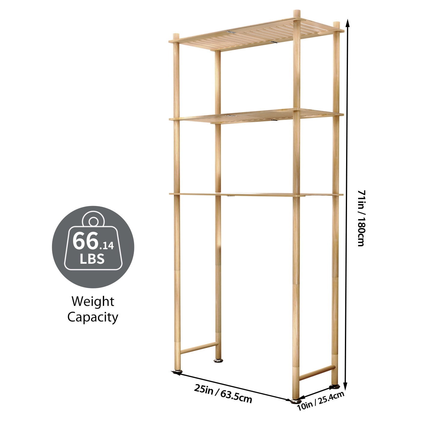 Bamboo Over the Toilet Storage Shelf, 3 Tier Freestanding Organizer Rack for Bathroom & Laundry Space-Saving Design Natural Color