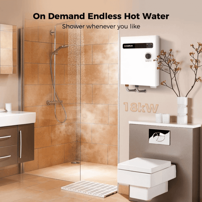 CAMPLUX 18kW 240V Tankless Electric Water Heater, Instant Hot Water On Demand, Digital Display, Energy Saving, ETL Certified, Compact Wall-Mount for Home Shower