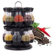16 Jar Rotating Spice Rack Carousel Kitchen Storage Holder Condiments Container Transparent( body of jar) + Black