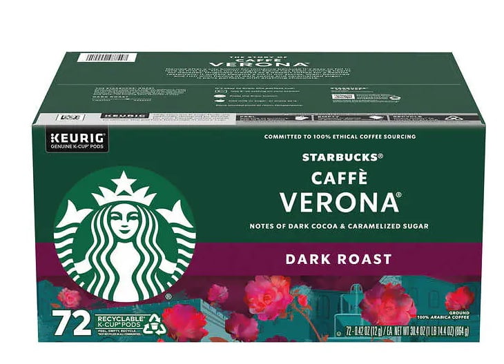Starbucks Coffee Caffè Verona Dark Roast KCup Pod, 72count