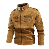 WREESH Mens Vintage Motorcycle Jacket Stand Collar Faux Leather Jacket with Zipper Pockets Yellow