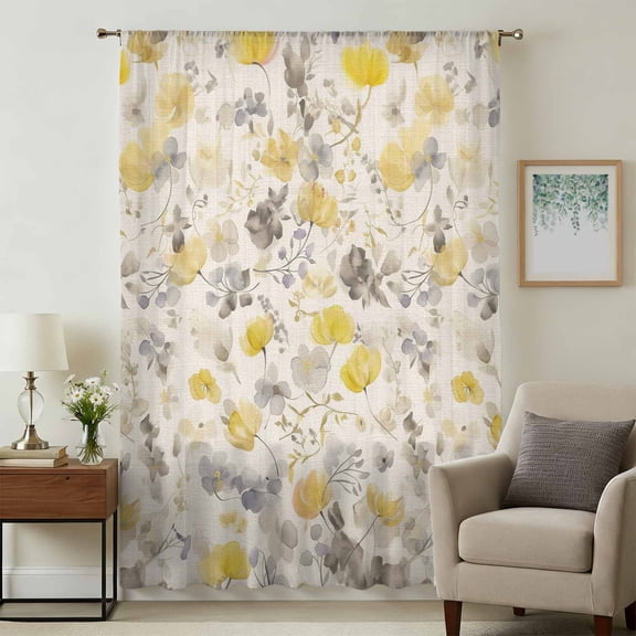 Yellow Grey Botanical Sheer Curtains 45 Inches Long, Spring Floral Watercolor Rustic Light Filering Curtains, Breathable Simi Curtain Privacy Drapes for Kitchen Bathroom Small Window Treatment
