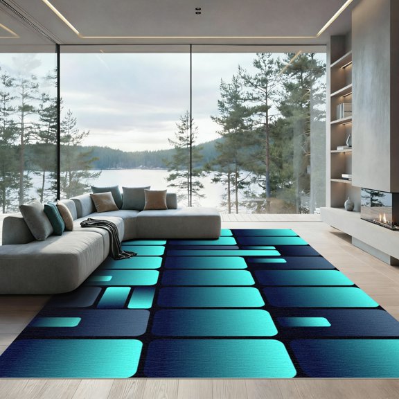 ODIKA 4' x 6' Machine Washable Non-Slip Area Rug, geometric geometric High Traffic Rug, Blue, 1269607