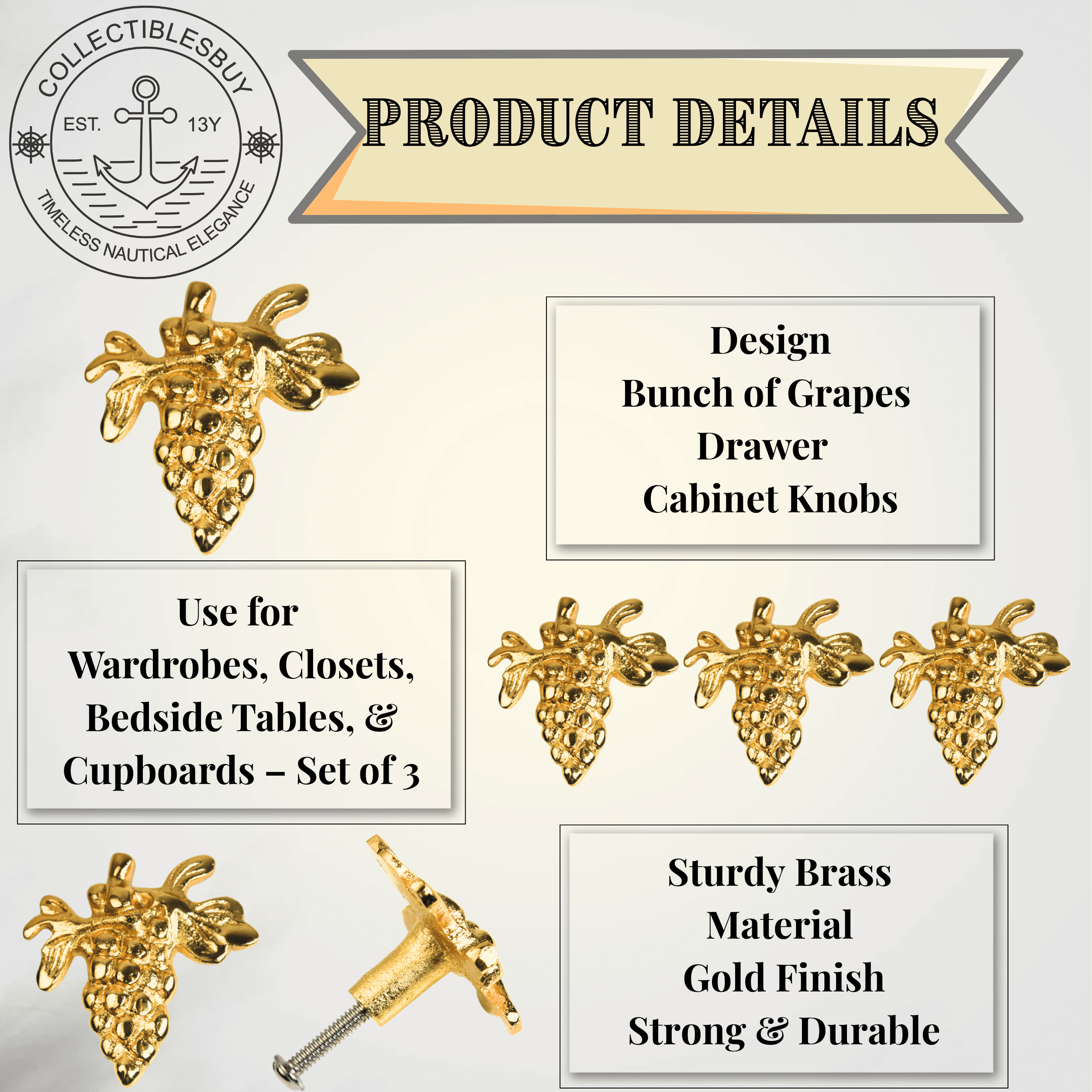 Shiny Brass Bunch of Grapes Cabinet Knob – Golden Fruit Drawer Pull for Kitchen, Bar Cabinet, Dresser & Furniture | Decorative Vintage Style Handle Home Decor (Grapes Set of 3)