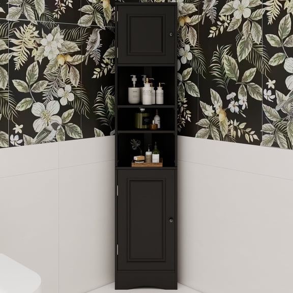 Multi-Functional Corner Cabinet Tall Bathroom Storage Cabinet with Two Doors and Adjustable Shelves, Open Shelf, Black