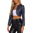 thumbnail image 4 of Chaquetas cortas de cuero PU Inspire Chic para mujer, chaqueta de manga larga de frente abierto, talla XL, azul oscuro, 4 of 5