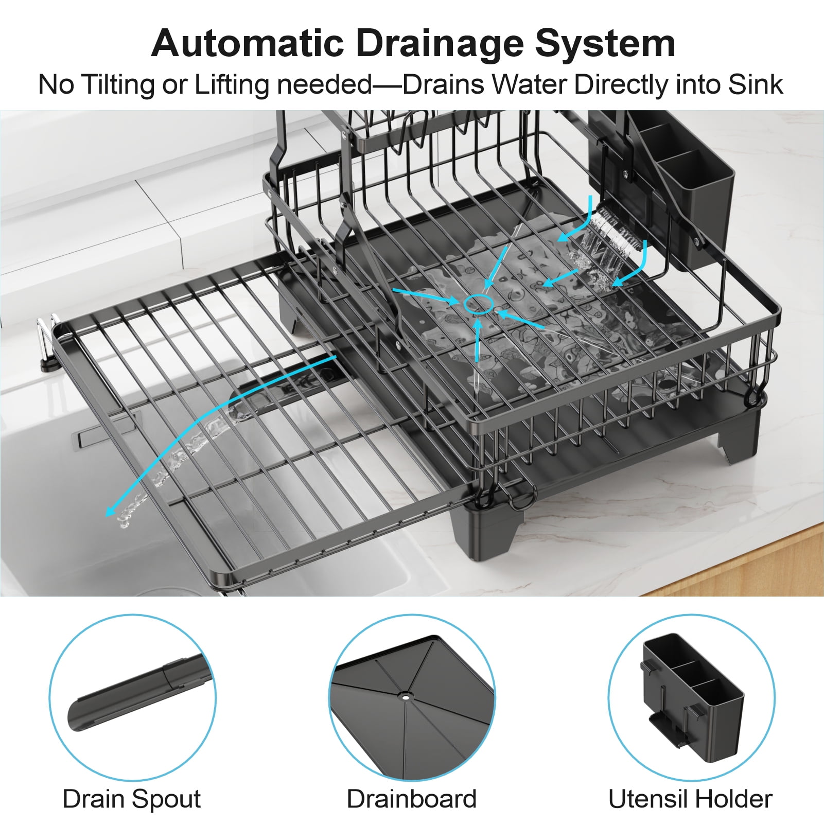 iSPECLE Large Dish Drying Rack - Extendable 2-in-1 Dish Racks for Kitchen Counter or Over Sink, 2 Tier Dish Drainer with Drainboard, Cups Holder and Utensil Holder, Black