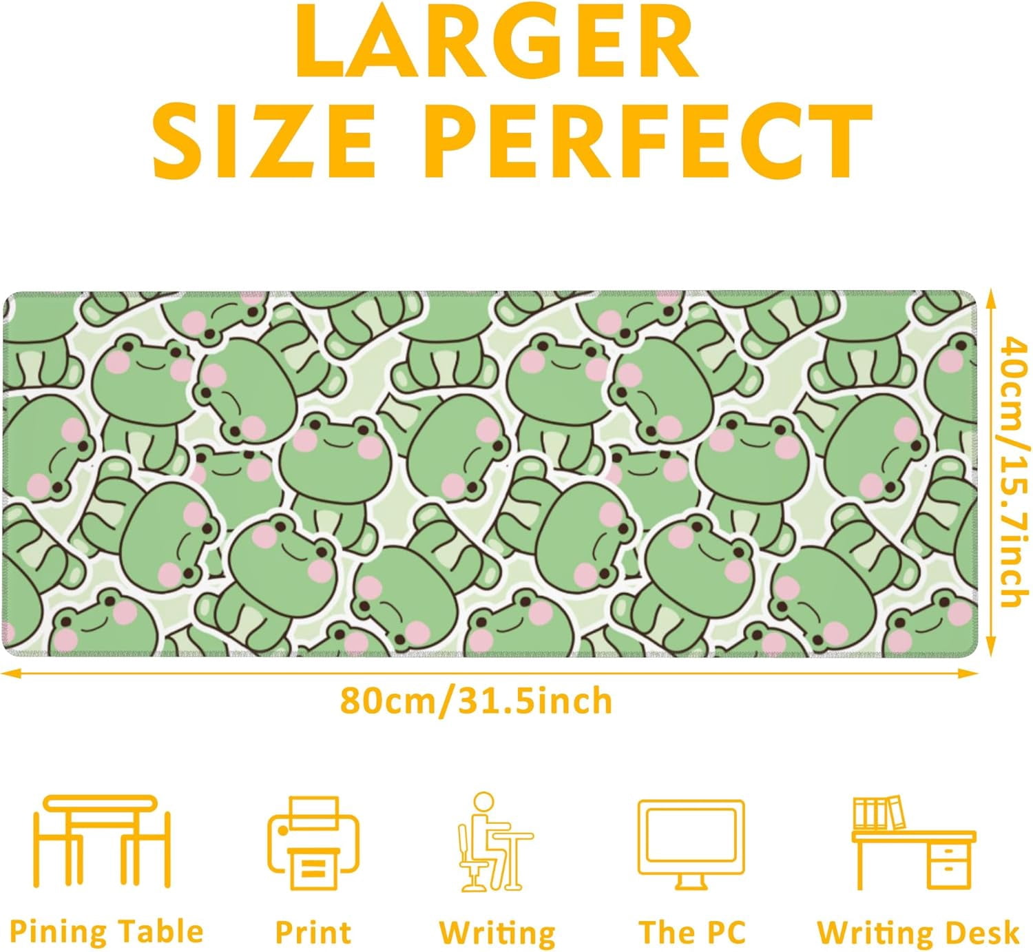 Kawaii Frog Gaming Mouse Pad,Green Cute Desk Mat,31.5""X15.7"" Large Desk Pad with Stitched Edge Non-Slip Base Keyboard Big Mouse Pad for Office Home Work Gaming, WDQ-D09