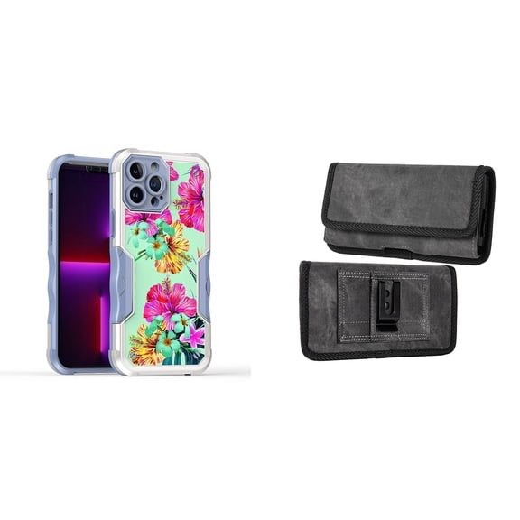 Case and Pouch Bundle for iPhone 14: Heavy Duty Armor Rugged Case (Teal and Pink Hibiscus Flower) and Rugged Denim Nylon Belt Holster (Grey)