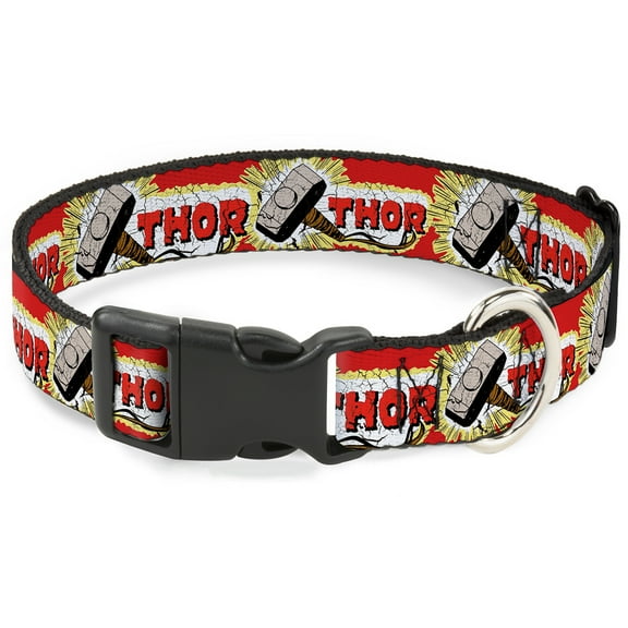 Marvel Comics Pet Collar, Dog Collar Plastic Buckle, Thor Hammer Red Yellow White, 7 to 8.5 Inches 0.5 Inch Wide