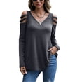 thumbnail image 1 of Mujer Manga Larga Top Cuello En V Cremallera Hombro Frío Color Puro Tipo Suelto Camiseta Casual Gris Oscuro L, 1 of 6