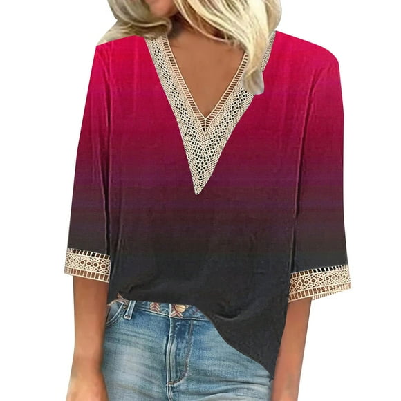 Hot Sale!Uooqdmx Womens Lace Top, 3/4 Length Sleeve Womens Tops, V Neck T Shirts for Women, Lace Edge Gradient Print Loose T Shirt, Spring Tops for Women 2025, Wine XL