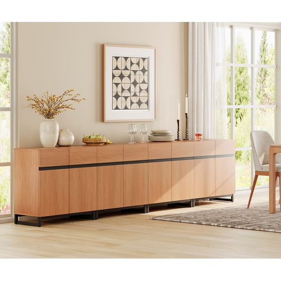 126" Wooden Reeded Sideboard with Doors and Drawers, 4-In-1 Modern Wide Credenza Storage Cabinet for Kitchen, Dining Room