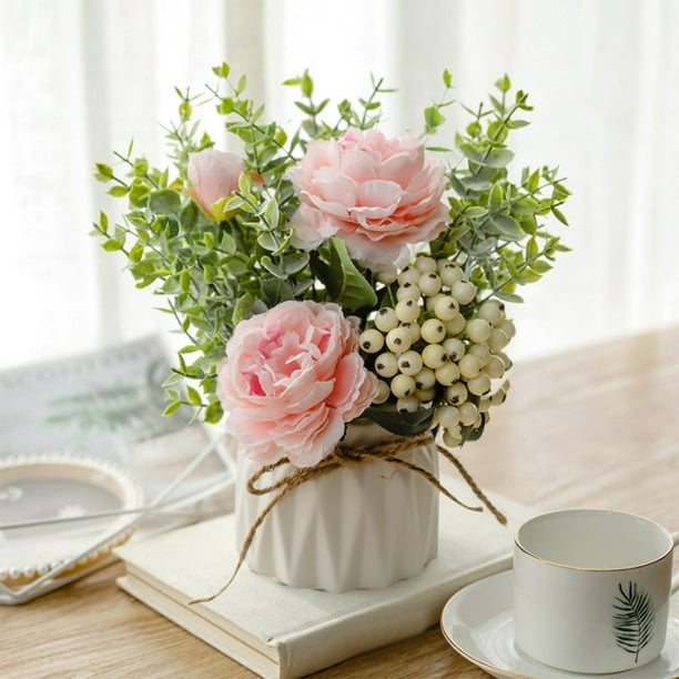 Decoración del hogar: ramo de rosas artificiales, rosas de seda, flores en maceta con pequeño jarrón de cerámica, decoración de flores falsas para mesas, hogar, fiesta, oficina, cocina, comedor, boda,