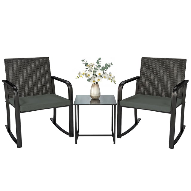 Outsunny 3 Pieces Wicker Patio Furniture Rocking Bistro Set with Cushions