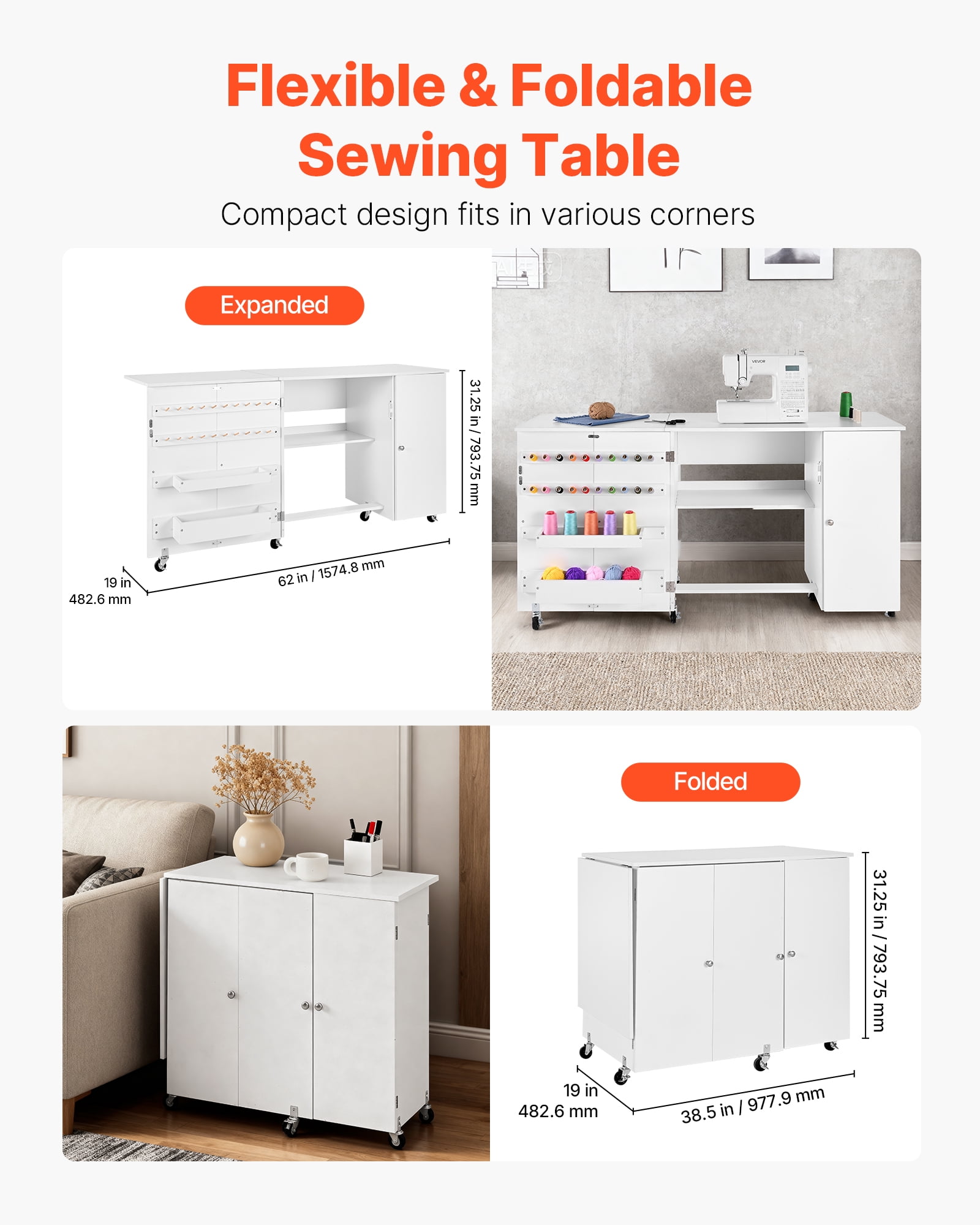 VEVOR Folding Sewing Table, Multipurpose Sewing Machine Table with Cabinet, Compact Design, Wheels, Wooden Pegs, Storage Trays and Shelf, Magnetic Door, Craft Station and Side Desk for Home, White
