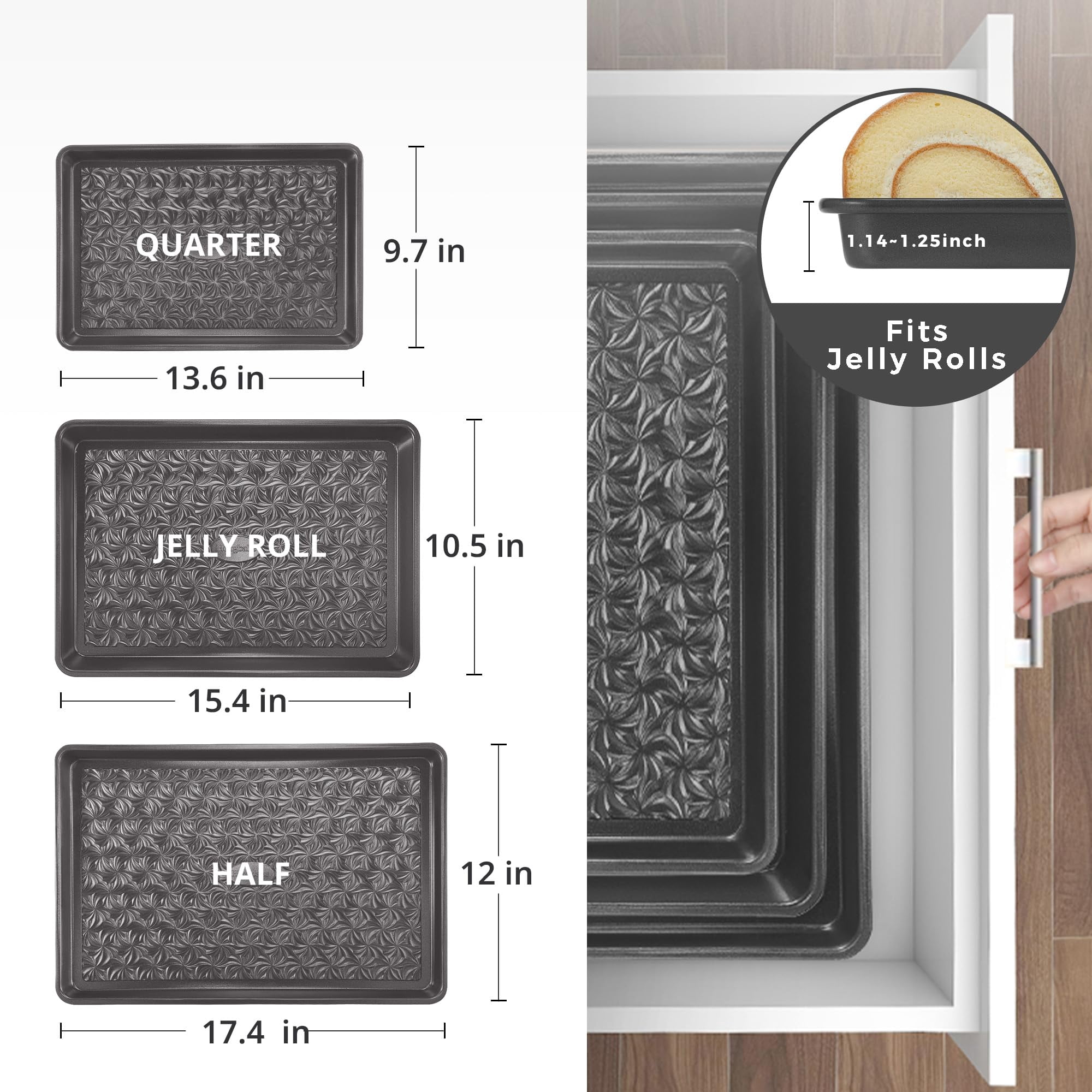 HONGBAKE Nonstick Baking Sheet Pan Set of 3, Cookie Sheets for Baking, Half Sheet, Quarter Sheet & Jelly Roll Pan Set, Heavy Duty Carbon Steel Bakeware, Dark Gray