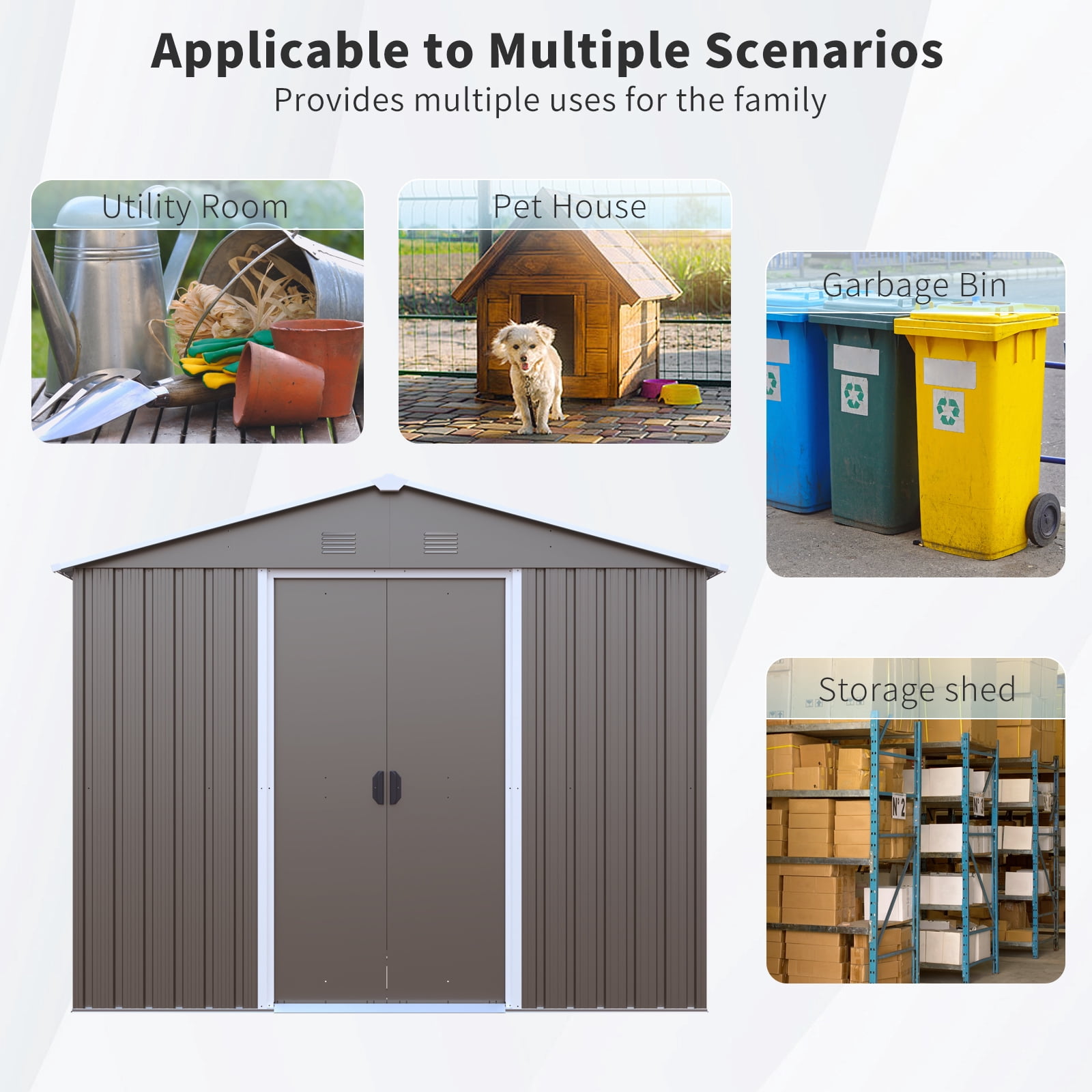 Olurrisa 8x4ft Gray Outdoor Metal Storage Shed with Metal Foundation, Galvanized Steel Lockable Shed with Sliding Doors