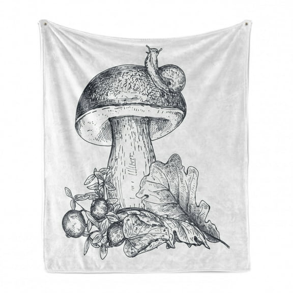 Autumn Soft Flannel Fleece Throw Blanket, Hand Drawing Mushroom Oak Leaf Snail Fall Season Cranberry Forest Composition, Cozy Plush for Indoor and Outdoor Use, 60" x 80", Dark Blue Grey, by Ambesonne