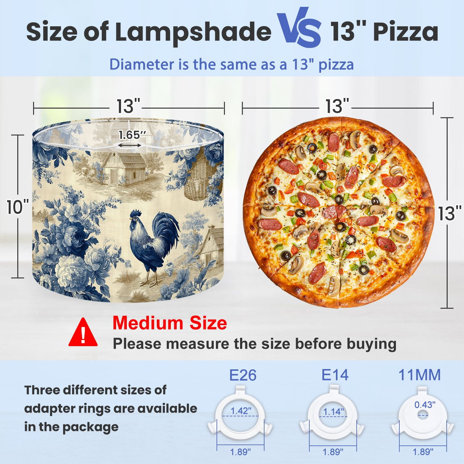 Lampshades 2 Pack Vintage Farmhouse Toile Roosters Cottages Blue Floral Motifs 13"x13"x10" Light Shade for Table Lamps Floor Lamps Drum Lamp Shades Lampshade Replacement Easy Assembly