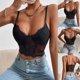 thumbnail image 2 of Camiseta sin mangas con cordones de malla con perspectiva de retazos de Color sólido a la moda de verano para mujer Pompotops lopia993405, 2 of 9